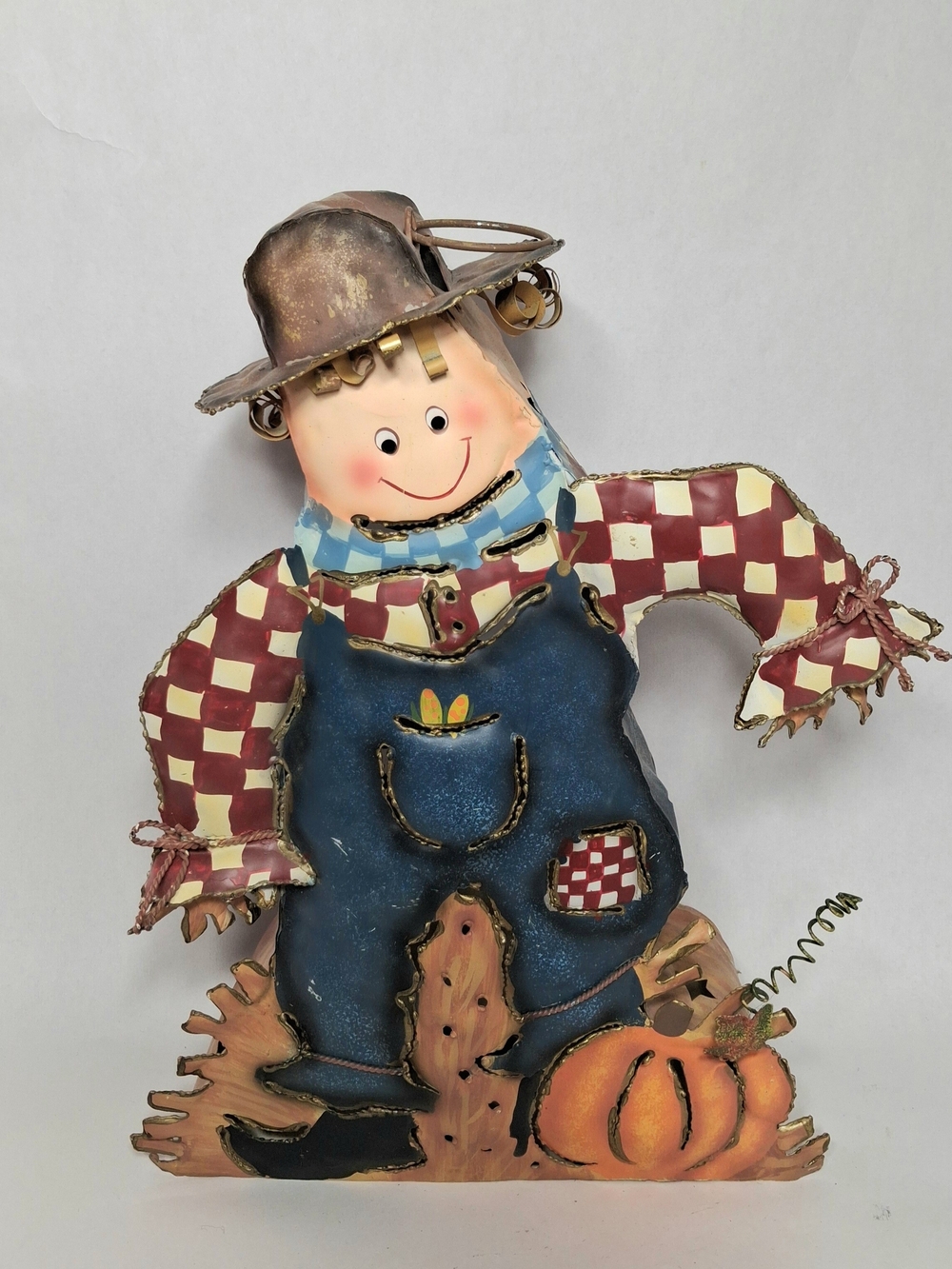 Home Interiors 11799 Scarecrow Candle Holder, Vintage Early 2000s Metal Tin Fall